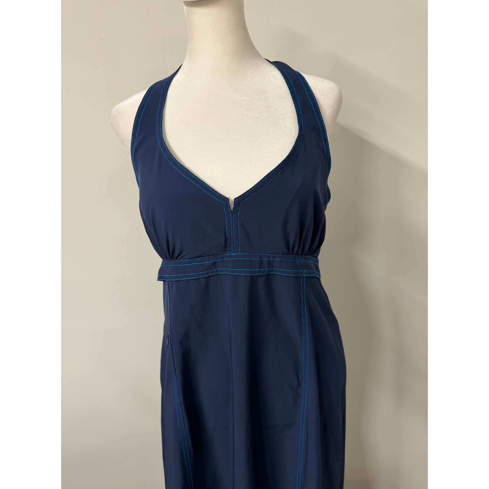 Athleta Womens 14 Navy Blue Dress Halter Midi Contrast Stitch Pockets - Picture 2 of 10